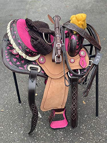 Equipride Selle western avec harnais assorti et sangle de poitrine 100 % cuir Marron/rose Taille 30,5 - 33 - 35,6 cm