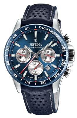 Festina Montre Homme Analogique avec Bracelet en Cuir Bleu - Mouvement Quartz - Chronographe - Calendrier - Verre Minéral Haute Résistance - Étanche 10 ATM - Élégante F20561/2 Timeless Chronograph