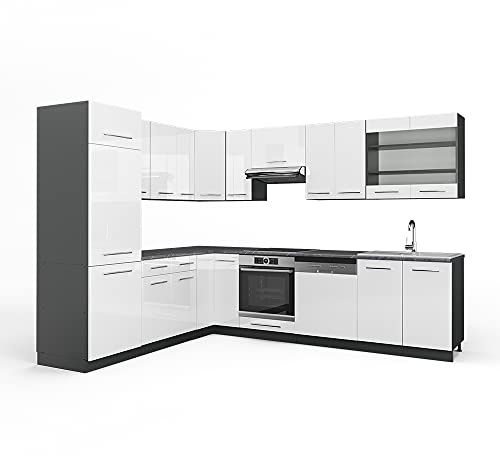 Vicco Eckküche Fame-Line, Weiß Hochglanz/Anthrazit, 287 x 227 cm | 14 Module · Höhenverstellbare Füße · Ohne Arbeitsplatte · MDF-Fronten · Softclose · Metallgriffe