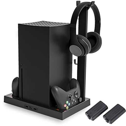 Goshyda Vertikaler Lüfterständer für Series X Konsolen-Controller, Dual Gamepad Ladestation, 4 Lüfter, mit 2x1400mAh Akku und Headset-Halter