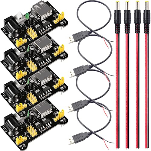 Youmile 4 pcs 3.3V 5V MB102 Breadboard Power Supply Module with DC male cable USB male cable for Arduino