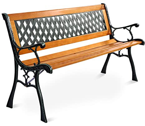 GIANTEX Gartenbank Holz & Metall, Sitzbank Outdoor 2 Sitzer, Balkonbank mit Rückenlehne & Armlehnen, Vintage Parkbank, Bank Outdoor bis 210 kg belastbar, Holzbank Terrassenbank 127x53x74 cm, Braun