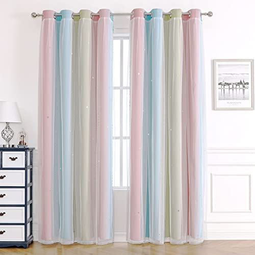 KAHEAUM Cortinas opacas para sala de estar, niñas y niños, cortinas térmicas insonorizadas para invierno, 2 paneles de 46x54 pulgadas, cortina de color verde arcoíris y rosa