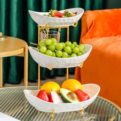 Grande Corbeille A Fruits 3 Etages - Panier A Fruits Céramique Décoration Plan De Travail - Coupe De Fruit Design – Avec Support Métallique Et Fourchette À Fruits - Pour Fruits, Pain, Collations,Blanc