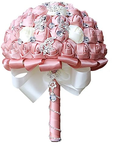 18 cm handgefertigter Satin-Rosenstrauß, rund, für Hochzeiten, Blumenstrauß, Überwurf, künstliche Blumenstrauß, schimmernd, Rosa + Elfenbein