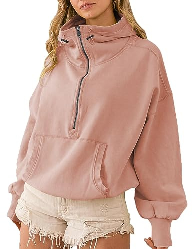 LIAOPUFUS Mujer Sudadera con Capucha Deportiva Suéter de Cintura Alta y Corto Marea Callejera con Bolsillo Y2K Top Estile (Rosa Claro, L)
