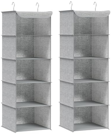 SONGMICS Organizador Armario, Juego de 2, Bolsa Colgante de Armario, Plegable, Ahorro de Espacio, con Ganchos Metálicos, Refuerzo de Bambú, Patrón de Lino, Gris Claro RCH005W02