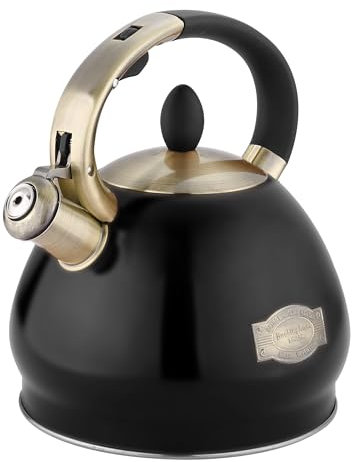 Buckingham Stovetop Retro Matt Black Whistling Kettle Induction Compatible Antique Black Stainless Steel Fast Boiling 3.4 L Capacity