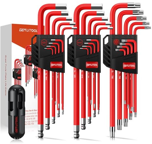 GETLITOOL 27Pcs S2 Steel Magnetic Allen Key Set, Metric (1.5-10mm), SAE (1/16”-3/8”), Torx (T10-T50), Long Ball-End & Torx Hex Keys with Torque Handle for Bike, Motorcycle, DIY Repairs