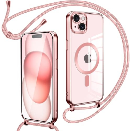 Oelrstfe Funda Transparente con Cuerda para iPhone 15 Plus,Carcasa Magnética Suave Silicona Case Antichoque con Correa Colgante Ajustable Collar Correa de Cuello Cadena Cordón,Rose-Gold