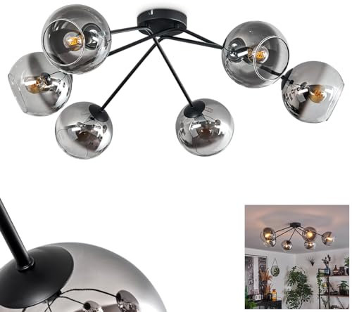 Deckenleuchte Koyoto, Deckenlampe aus Metall/Glas in Schwarz/Rauchfarben/Klar, moderne Leuchte im Retro/Vintage-Design mit Schirmen aus Glas, Ø 15 cm, 6xE14, Schlafzimmer, Wohnzimmer, Küche, Esszimmer
