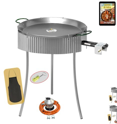 COMBOI Paella Brenner Butangas Set 40 cm, Paella-Pfanne 46 cm, Gasregler, Schlauch, Stativfüße, Windschutz, Wasserwaage, digitales Rezeptbuch (Paella-Kocher Set 40 cm + Windschutz)