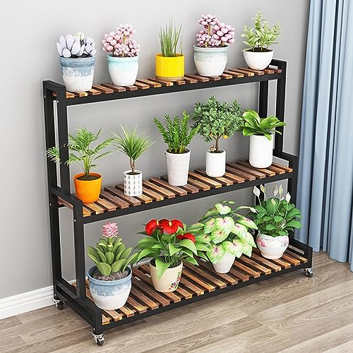 Blumenregal Pflanzenregal Blumentopf-Organizer, Lagerregal, 2 Etagen, 3 Etagen, Pflanzenständer mit Rollen, Leiter-Pflanzenständer, Metall, karbonisiert, Blumenpflanzenständer für drinnen und draußen