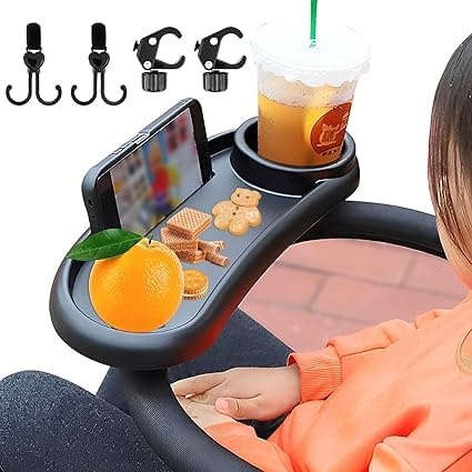 Baby Stroller Snack Tray with Cup Holder Universal Pram Food Tray Removable Multifunction Stroller Organizer with Adjustable Buckle Reusable Pushchair Cup Holder (With hooks, 39×18.5×6cm)