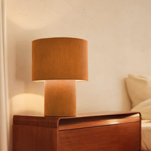 Lightbox Tischlampe | Ø 23 cm | Retro Lampe in Vintage Cord Stoff in Orange | Tischlampe | Ø 23 cm | Retro Lampe in Vintage Cord Stoff in Orange / Gelb / Kurkuma | 70er Jahre Tischleuchte mit E27