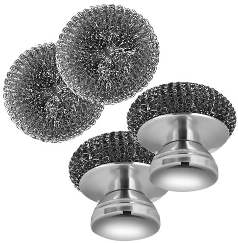 kicder 2Pack Stainless Steel Scrubber with 2 Replacement Wire Pads, Steel Wool Scrubber with Stainless Steel Handle, for Cleaning Dishes, Cast Iron, Stock Pots, Pans, Griddles, Grills