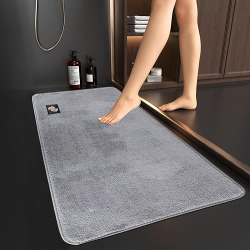 Soft Microfiber Non Slip Mat Shaggy Bathroom Rug, Super Absorbent Machine Washable Bath Mat | Quick Dry Carpet, Great for Bath, Shower, Bedroom, Door Mat, Grey - 50 x 80 cm