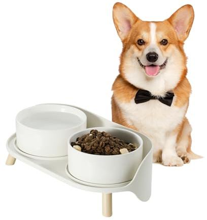 Hundenapf Set Erhöht Hunde Napfset - Doppelnapf Keramik mit Spritzschutz Ständer - Hundenäpfe Bunte für Futter und Wasser - Futterstation für Kleine und Mittelgroße Hunde - 2 x 800 ml - Weiß