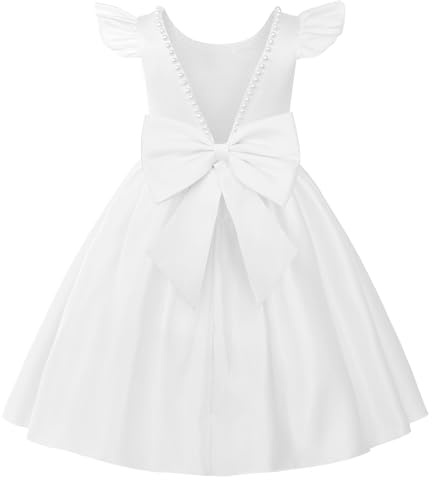 Uhnice Flower Girl Pearl Dress Flutter Sleeve V-Back Satin Dress with Bowknot for Wedding Birthday Party (White, 110/4-5 Years)