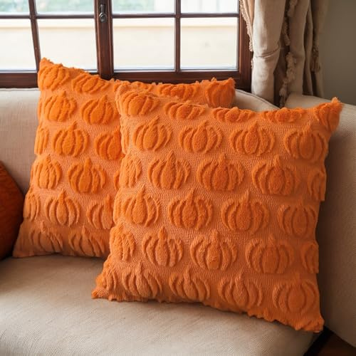 TETSMG Herbstdeko Innen Kürbis Kissenbezug 45x45 cm, 2 Stück Kürbis Kissenbezug Herbst, Zimmer Deko Aesthetic Herbst Kissenbezüge, Pumpkin Kissenhülle Herbst Deko für Auto Sofa Schlafzimmer Wohnzimmer