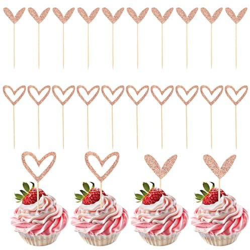 Xinjoduz 24 PCS Glitter Heart Cupcake Toppers, Cute Design Love Cupcake Toppers Picks for Valentine's Day Bridal Anniversary Baby Shower Party Wedding Cake Decorations Supplies (Rose Gold, 2 Style)
