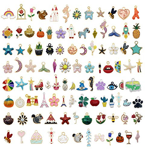 Julie Wang 100Pcs (50 Pairs) Enamel Charms Bulk for Jewellery Making, Assorted Pendants Mix Flower, Fruits, Mermaid, Animals Theme for Crafting DIY Necklace Earring Bracelet Supplies, Value Pack
