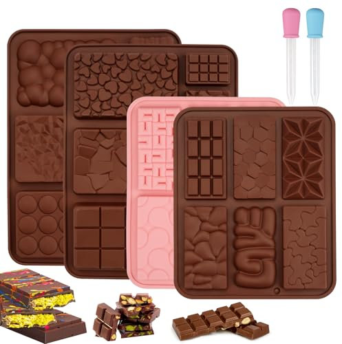 Moule à Tablette Chocolat Kit, 4 Pièces Silicone Moule Tablette Chocolat, Moule Chocolat en Plusieurs Formats, Moule Tablette de Chocolat Antiadhésifs avec 2 Goutteurs, pour Faire du Pralines, Gaufres