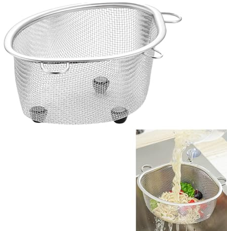 Cesta de colador de fregadero triangular, acero inoxidable, ahorro de espacio, colador de alimentos, escurridor de fregadero de esquina de cocina para residuos de frutas y verduras