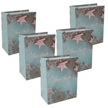SIGEL Premium Geschenktüten Glamorous Christmas 18 x 23 cm 5er Set | GT124/5, für Weihnachten, Blau-Kupfer Design mit Seidenbandgriffen