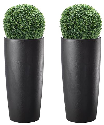 Hierba - Maceta Alta para Plantas de Interior y Exterior, diseño Moderno con Efecto Cemento, Almendra y Antracita, Maceta Alta con platillo Musa Mate 35 x 70 y 35 x 90 cm (Antracita, 2 Unidades de 35
