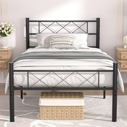 VECELO - Marco de Cama de 90 x 190 cm, Cama Individual de Metal, sin Necesidad de somier, Montaje Simple, Gran Espacio en Lamas, Color Negro