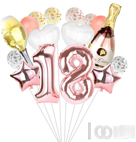 Deko 18. Geburtstag Mädchen, 21 Stück 18 Mädchen Geburtstagsdeko Set, Rosegold Zahlen Luftballon, Helium Folienballon, Konfetti Luftballon für Geburtstag Party Deko