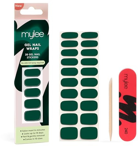 Mylee Gel Nail Wraps [Green Velvet] - 20 Pre-Cured Gel Stickers | Instant Mani, No Lamp Needed, Chip-Resistant, Glossy Finish, Lasts Up to 14 Days, Easy to Apply - Vegan & Cruelty-Free