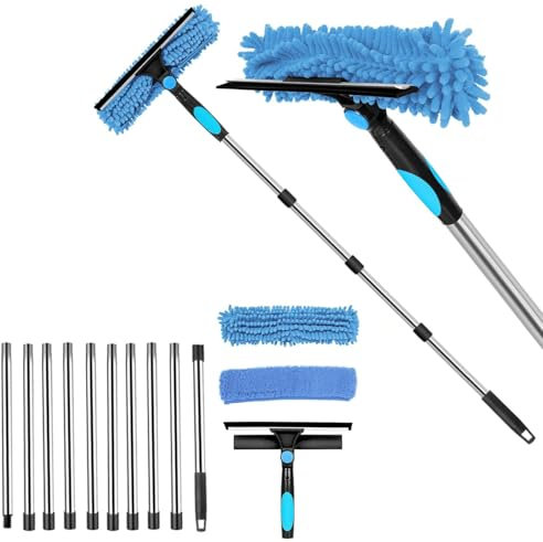 Qivine Palo Limpiacristales Extensible, Microfibra de Limpiador de Cristales con Escobilla de Silicona, Profesional Limpiar Ventanas por Fuera, Azulejosm, Coche (10 Palo)