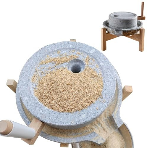 Manual Stone Mill Grinder, Dry/Wet Grain Mill Machine with Wooden Frame, Natural Stone Grinding Wheat Flour, Barley, Sesame, Beans (A Color 20 x 30 cm 7 7/8 x 11 3/4)