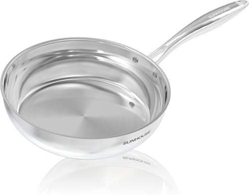SUNHOUSE – 8 Inch / 20 cm Stainless Steel Frying Pan, Tri-Ply Stainless Steel Construction, PFOA-FREE, Stay-Cool Handle, Induction Compatible with All Cooktops, Dishwasher Safe