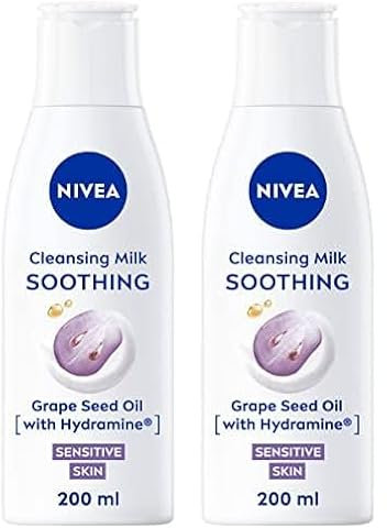 NIVEA Soothing Cleansing Milk (200ml), Face Cleanser with Grape Seed Oil and Hydramine, Gently Cleanses Without Drying Out, Make-up Remover Cleanser for Sensitive Skin (Pack of 2)