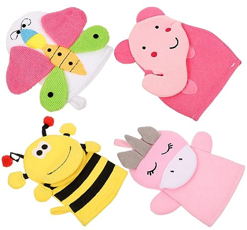 Abaodam 4 Stück-pack Badehandschuhe aus Baumwollmischung mit Einzigartigem Cartoon Design Leicht und Weich für Dusche und Bad Geeignet für Kinderhaut Zufälliger Stil