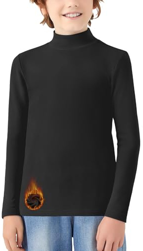 WOWENY T-shirt thermique à manches longues pour enfant - Chaud - Unisexe - Col roulé - Pour fille et garçon - Hiver - Ski - 6-14 ans, Noir , 13-14 ans