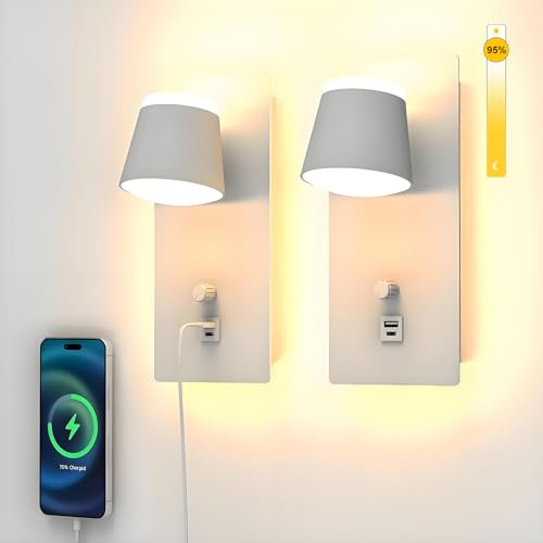 Sytmhoe 2 Stück Dimmbar Wandlampen Weiß Für Innen Mit Usb Type C Ladeanschluss, 3000K Wohnzimmer Wandlichter Schlafzimmer Wandleuchten Mit Schalter, Hotel Weisse Wandbeleuchtungen Nachttischlampe Wand