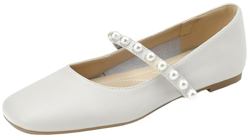 XIEPP platta läderpumps för kvinnor med kvadratiskt tåområde och platt klack för att glida in i med pärlor, Beige, 33 EU