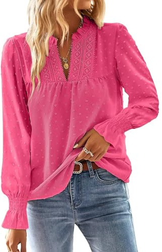 TUUHAW Camiseta Manga Larga Mujer Boho Top con Cuello en V Bordado Encaje | Manga Larga de Volantes Top, Blusa Elegante con Cuello en V, Moda Bordado Encaje Casual, Punto Suizo Color Sólido