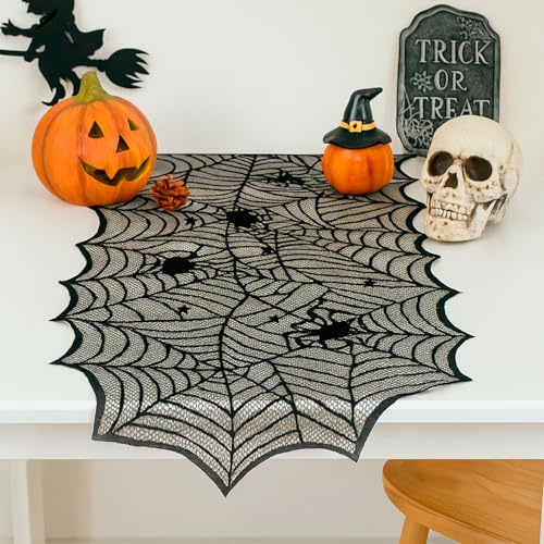 Halloween Deko,Spinnennetz Halloween Tischläufer Schwarz, Halloween-Dekorationen,Tischläufer Spitze, 46 X 183 cm, Scary Spinnennetz Deko für Horror-Party, Horror-Deko Mottoparty