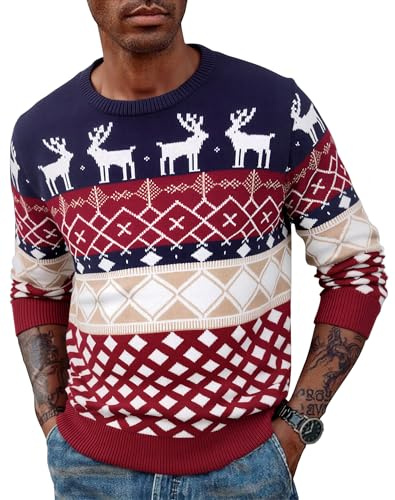 Terecey Maglione Natalizio Uomo Maglioni Natale a Maniche Lunga Maglioni Natalizie con Stampa di Renna Girocollo Maglione Natalizio Inverno Caldo Pullover Natalizi Lavorato a Maglia S-XXL