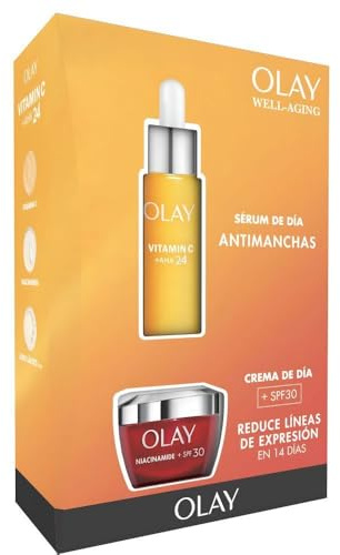 Olay Kit Cuidado Facial Diario: Sérum Vitamina C AHA24 (40ml) + Crema Hidratante Niacinamida SPF30 (50ml) para Manchas, Hidratación y Protección Solar