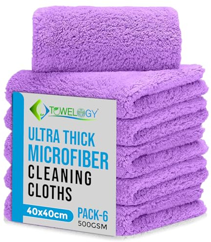 Towelogy® Ultra Thick Microfibre Cloths 500GSM Super Absorbent Large Microfibre Cleaning Cloths for Kitchen, Mirrors, Glass, Bathroom and Household 40x40cm (6, Purple)
