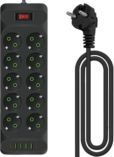 Ciabatta elettrica piatta a 10 prese, presa USB con protezione da sovratensione con spina piatta da 10 AC, 4 caricabatterie USB e 2 connettori di tipo C, presa multipla (nero)