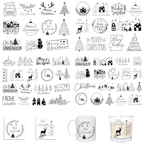 FloraVigo Easy Rub On Sticker, easy rub aufkleber ca.A5 19x14cm-Spruch Deko zum Geburtstag, Keraflott, Hochzeit, Zuhause, Wischfolie für Möbel, Glas, Holz(4PCS) (Frohe Weihnachten 1)