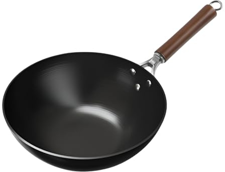 AIZYR Wok De Hierro Wok Antiadherente Sin Revestimiento, Wok De Fondo Plano con Mango De Madera Sartén Wok Chino para Freír, Saltear Y Cocinar,34cm