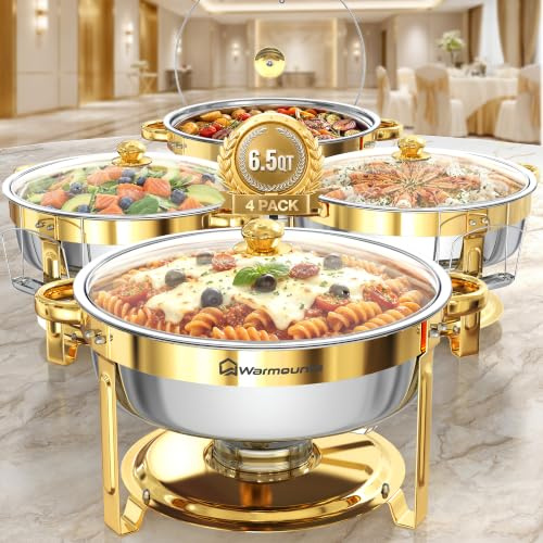 WARMOUNTS 6L Gold Chafing Dish Buffet Set 4 Pack, Round Stainless Steel Food Warmers with Glass Lid & Lid Holder, Stackable Catering Chafers Serving Dishes for Banquets, Parties & Weddings